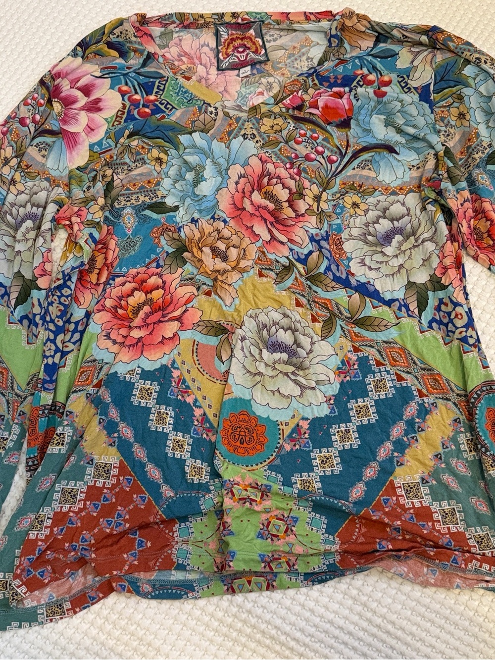 Johnny Was Teal Multicolor Floral V-Neck Tunic